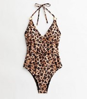 New Look Tall Brown Leopard Print Ring Belted Halter Swimsuit